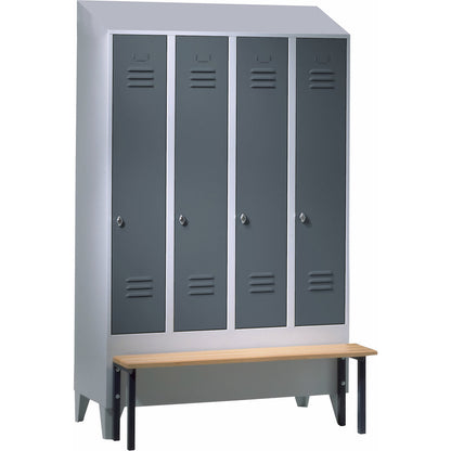 Berlin 2 clothes locker with bench seat, 4 compartments, light grey/blue grey, W 1200 mm, front mounted, beech wood, sloping roof.
