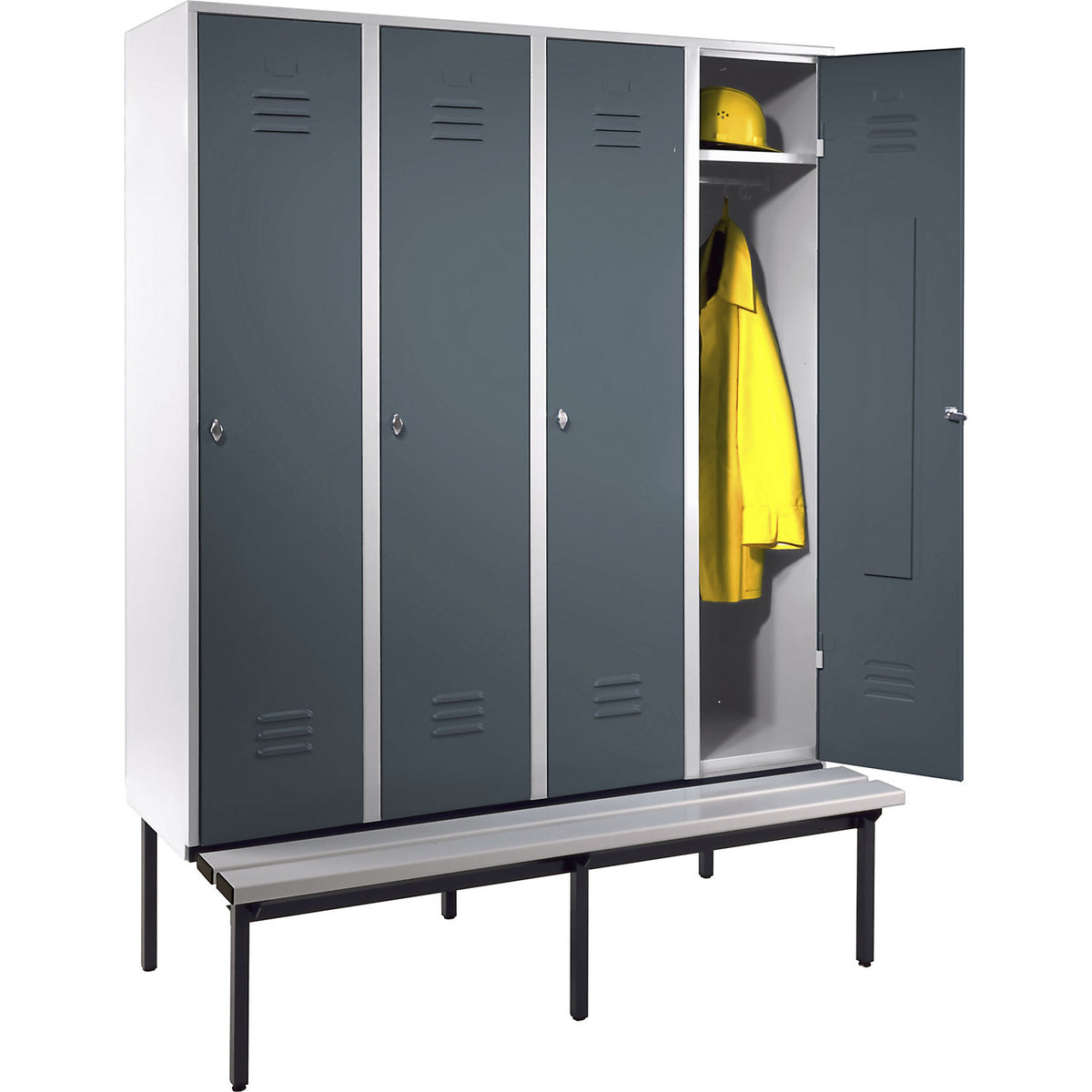 Berlin 2 clothes locker with bench seat, 4 compartments, light grey/blue grey, W 1600 mm, base frame, plastic.
