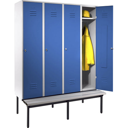 Berlin 2 clothes locker with bench seat, 4 compartments, light grey/light blue, W 1600 mm, base frame, plastic.