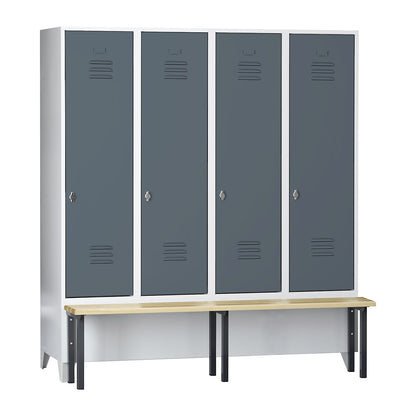 Berlin 2 clothes locker with bench seat, 4 compartments, light grey/blue grey, W 1600 mm, front mounted, beech wood.