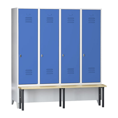 Berlin 2 clothes locker with bench seat, 4 compartments, light grey/light blue, W 1600 mm, front mounted, beech wood.