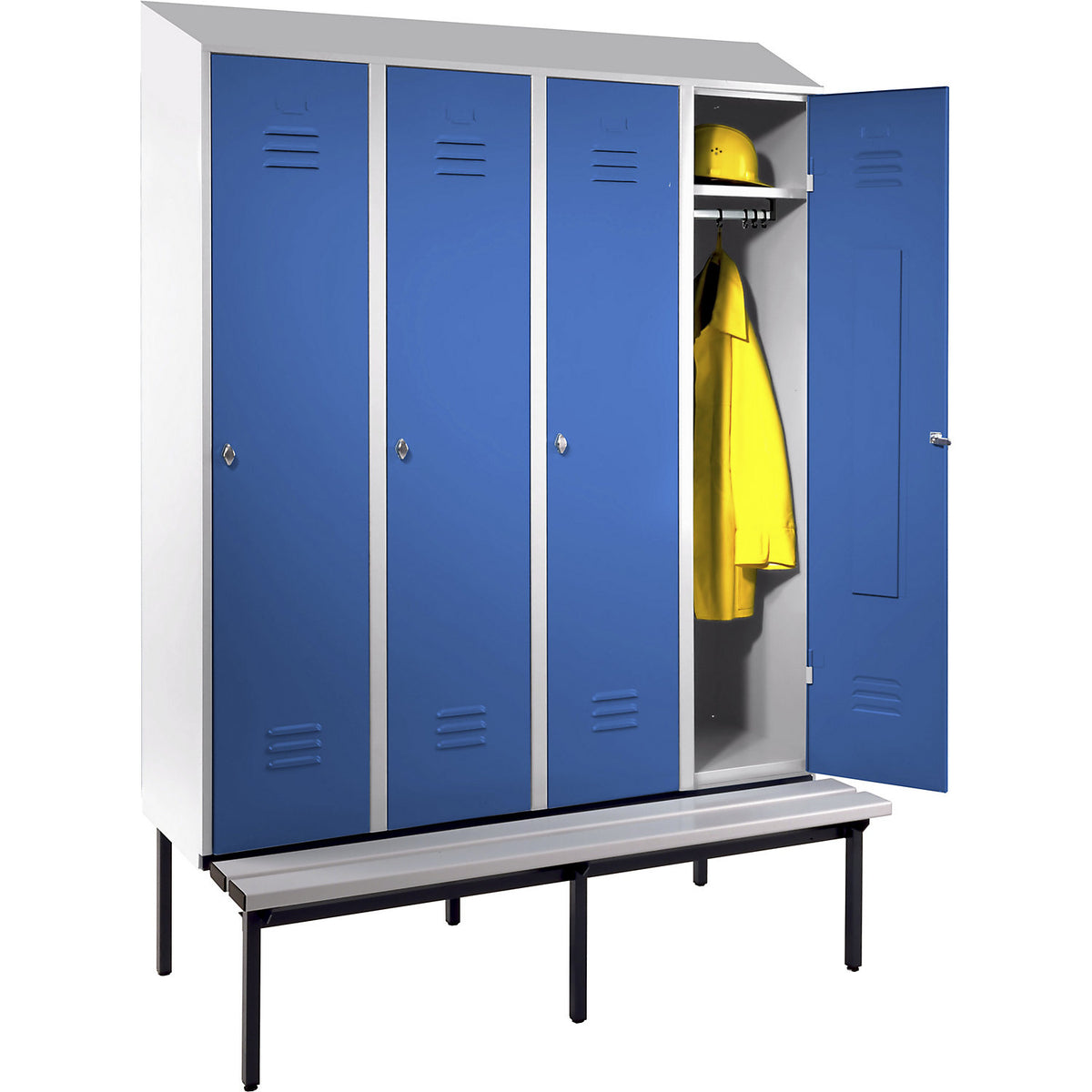 Berlin 2 clothes locker with bench seat, 4 compartments, light grey/light blue, W 1600 mm, base frame, plastic, sloping roof.