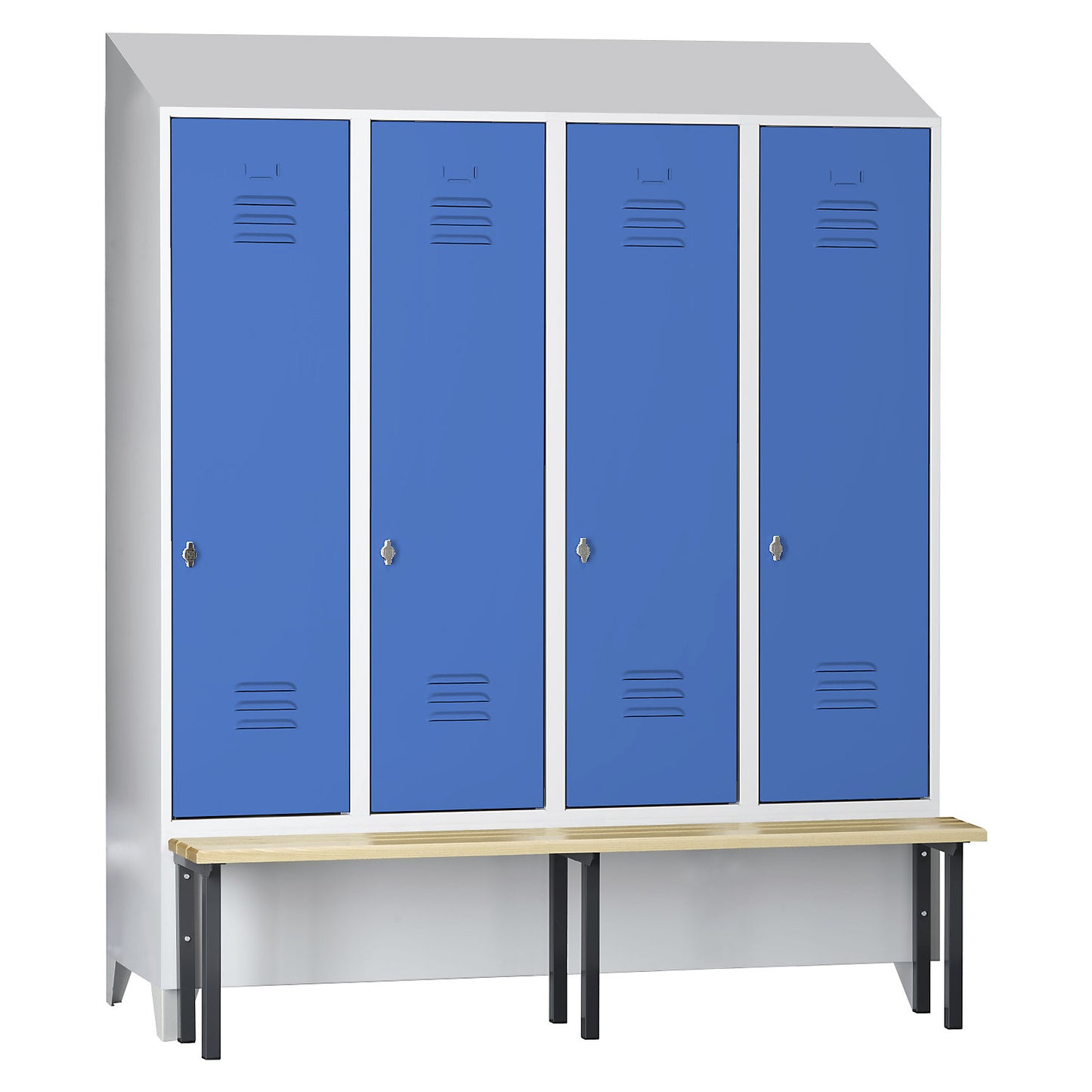 Berlin 2 clothes locker with bench seat, 4 compartments, light grey/light blue, W 1600 mm, front mounted, beech wood, sloping roof.