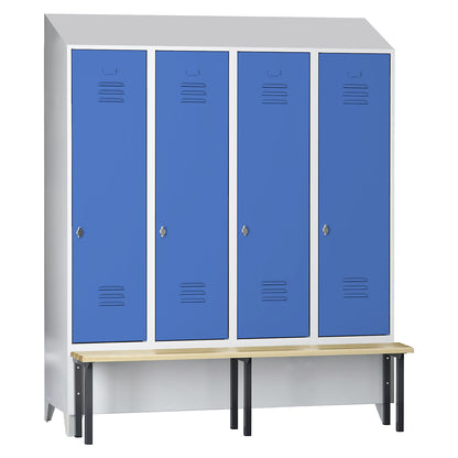 Berlin 2 clothes locker with bench seat, 4 compartments, light grey/light blue, W 1600 mm, front mounted, beech wood, sloping roof.