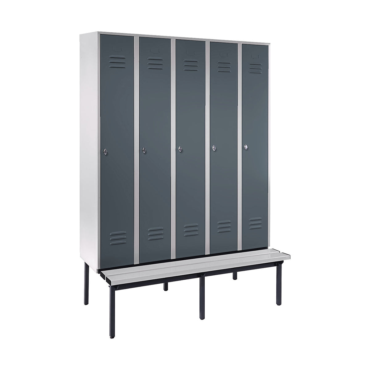 Berlin 2 clothes locker with bench seat, 5 compartments, light grey/blue grey, W 1500 mm, base frame, plastic.