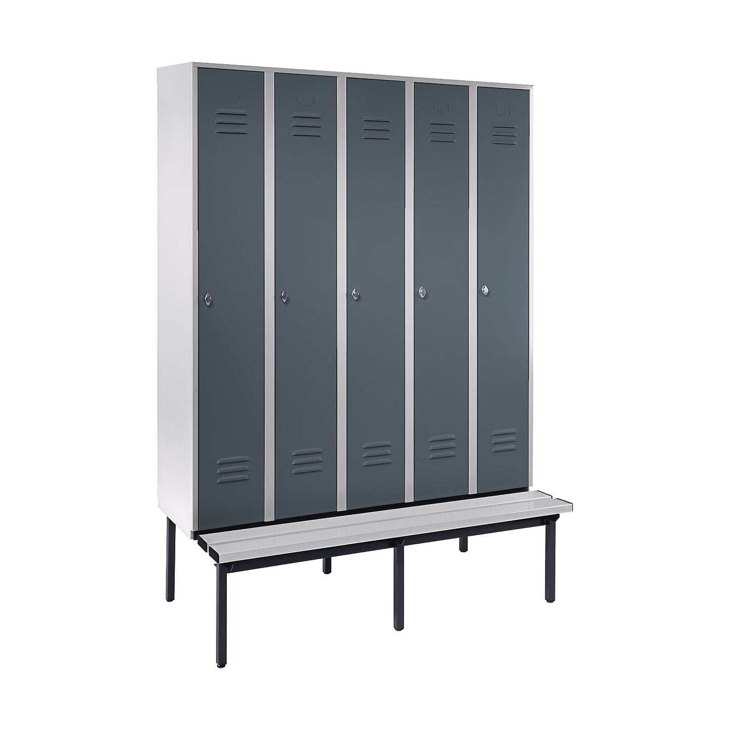 Berlin 2 clothes locker with bench seat, 5 compartments, light grey/blue grey, W 1500 mm, base frame, plastic.
