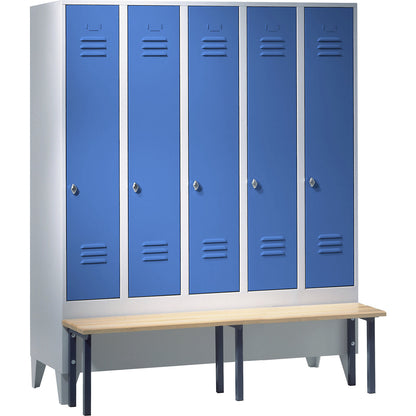 Berlin 2 clothes locker with bench seat, 5 compartments, light grey/light blue, W 1500 mm, front mounted, beech wood.
