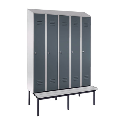 Berlin 2 clothes locker with bench seat, 5 compartments, light grey/blue grey, W 1500 mm, base frame, plastic, sloping roof.