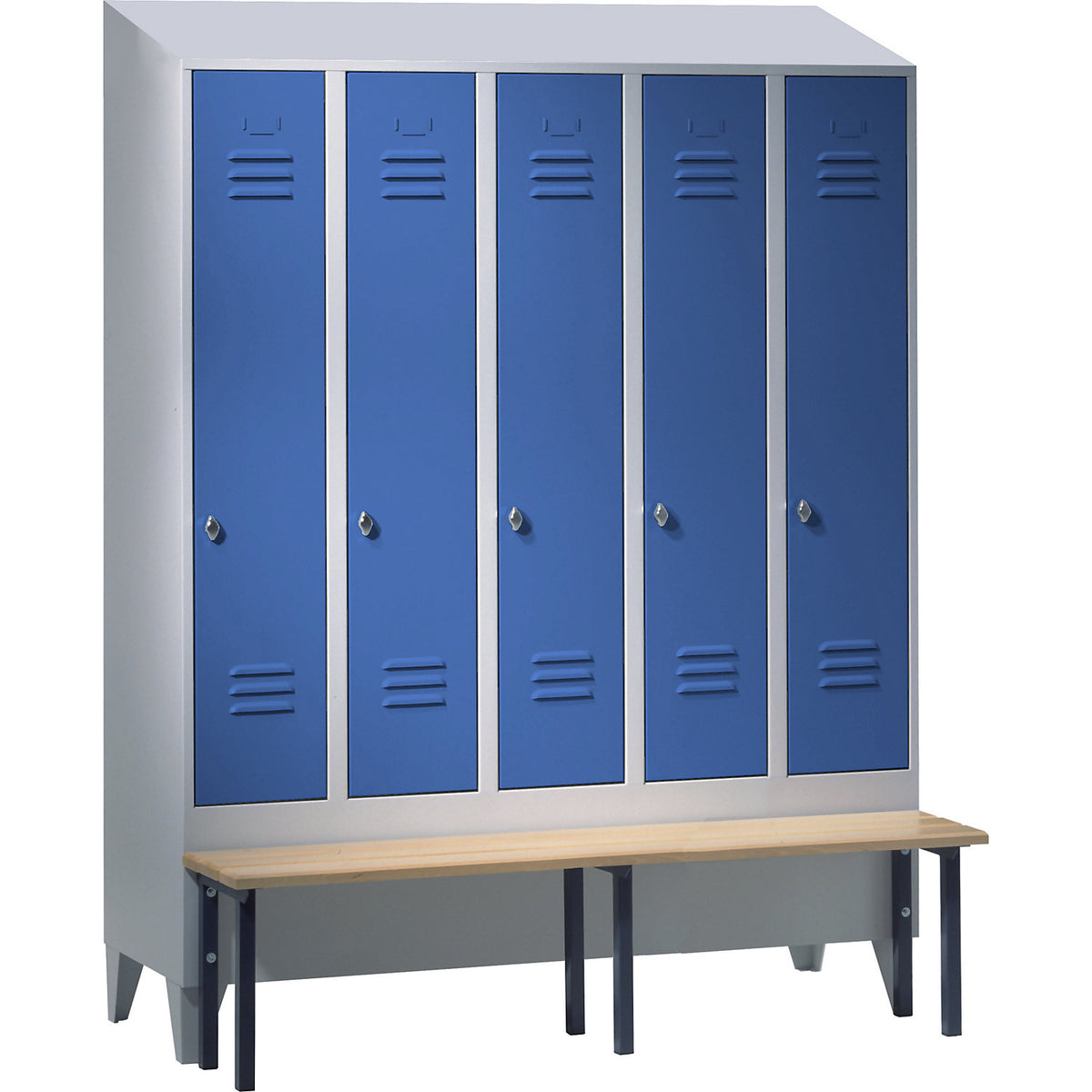 Berlin 2 clothes locker with bench seat, 5 compartments, light grey/light blue, W 1500 mm, front mounted, beech wood, sloping roof.