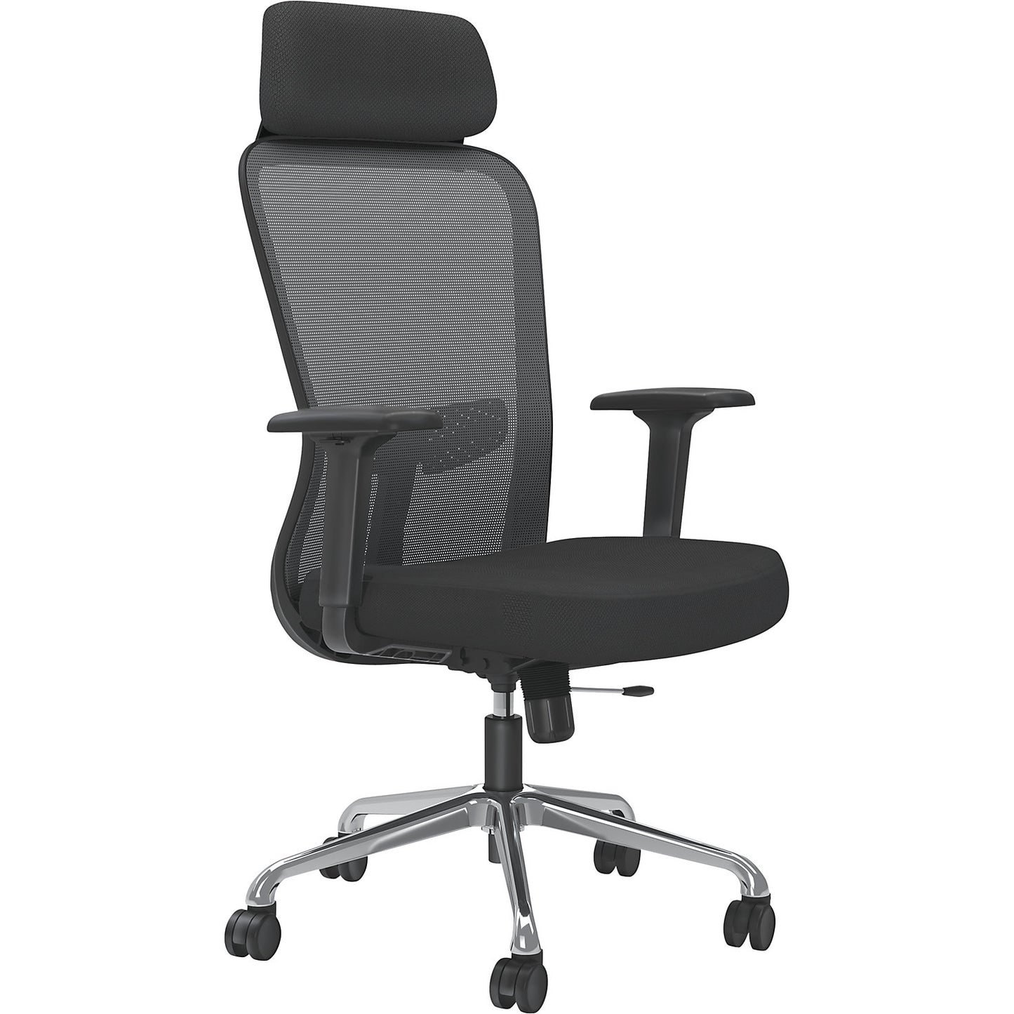Thrill Mesh Plus office chair, with mesh backrest, black, with headrest.