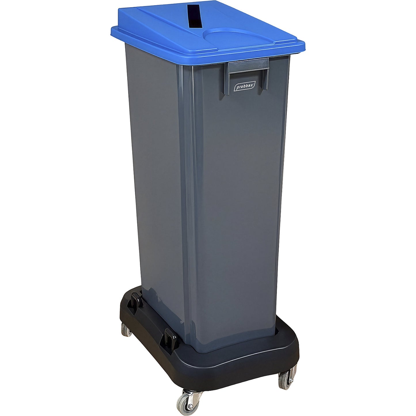 Recycling collector with trolley, blue lid, 80 litres.