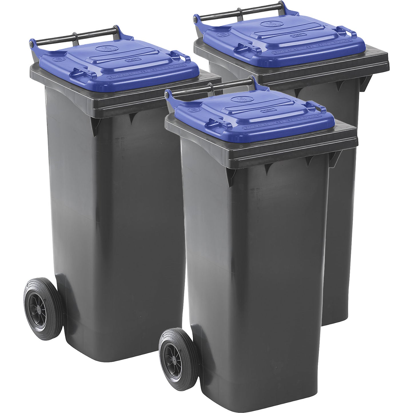 DIN EN 840 waste bins, pack of 3, capacity 3 x 80 l litres, charcoal, blue lid.