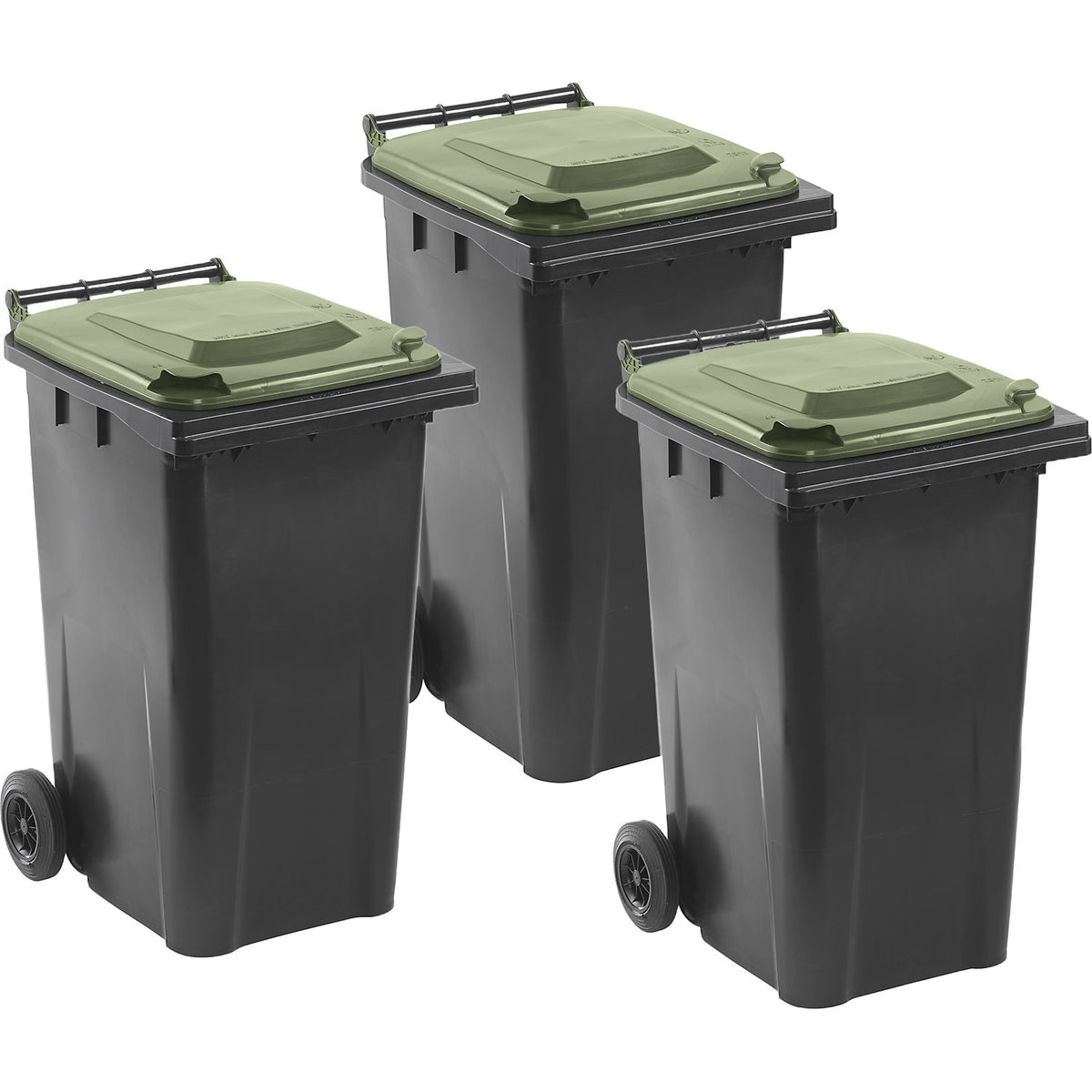 DIN EN 840 waste bins, pack of 3, capacity 3 x 240 l, charcoal, green lid.