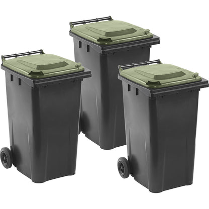 DIN EN 840 waste bins, pack of 3, capacity 3 x 240 l, charcoal, green lid.