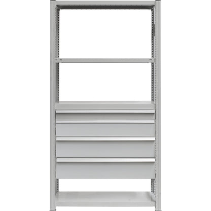 Drawer set, 4 drawers, powder coated, WxD 1300 x 400 mm, max. load 50 kg, installation height 700 mm.