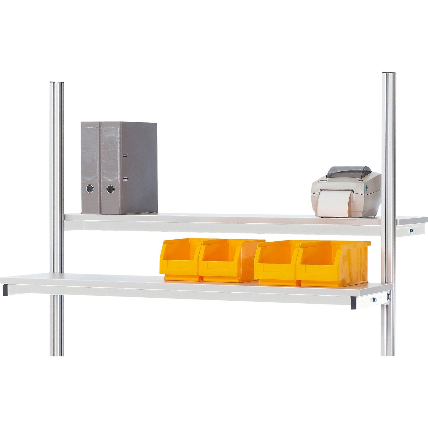 Packing table complete, manually height adjustable, set 1 with shelf, WxD 1500 x 800 mm, melamine top.