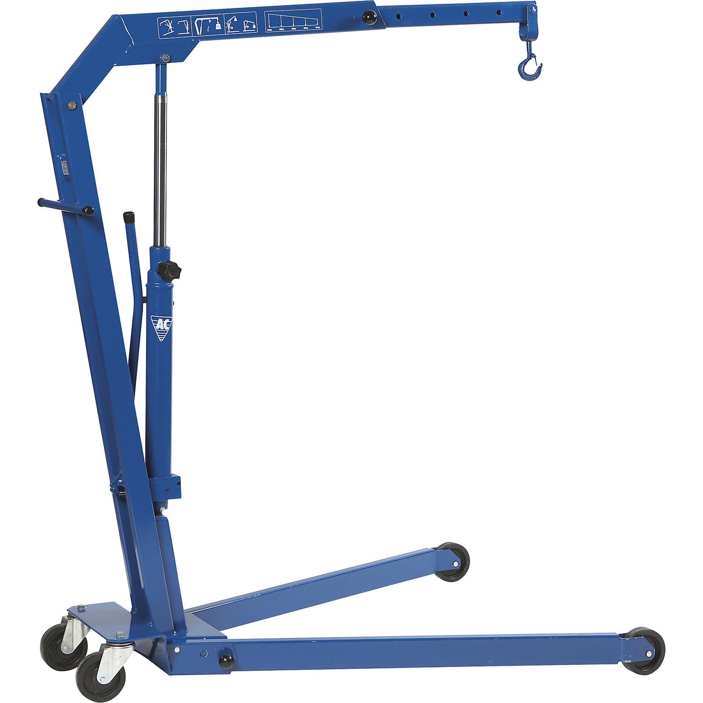 Hydraulic workshop crane, splayed wheeled base, max. load 1100 kg.
