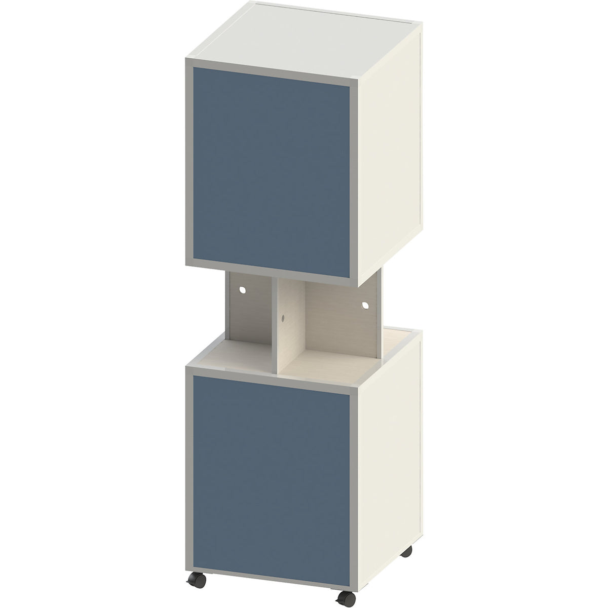 Information column sheet steel, mobile, HxW 1884 x 620 mm, grey blue fabric, white oak finish.