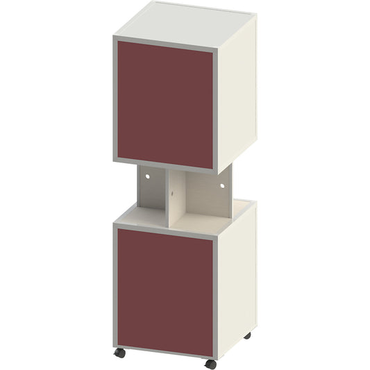 Information column sheet steel, mobile, HxW 1884 x 620 mm, red brown fabric, white oak finish.