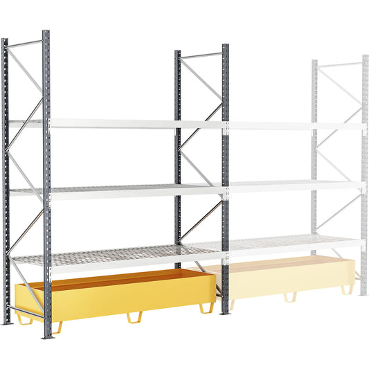 Wide span shelving unit with tray, W 1800 mm, HxD 2500 x 600 mm, max. shelf load 284 kg, standard shelf unit.