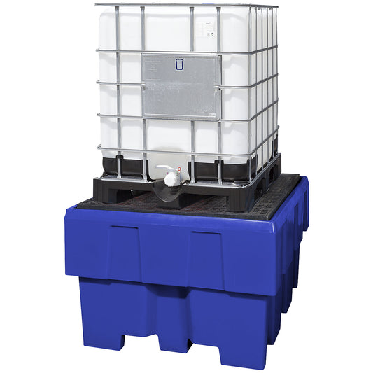 Polyethylene sump tray, for 1 IBC/KTC pedestal, sump capacity 1000 l, with polyethylene grate.