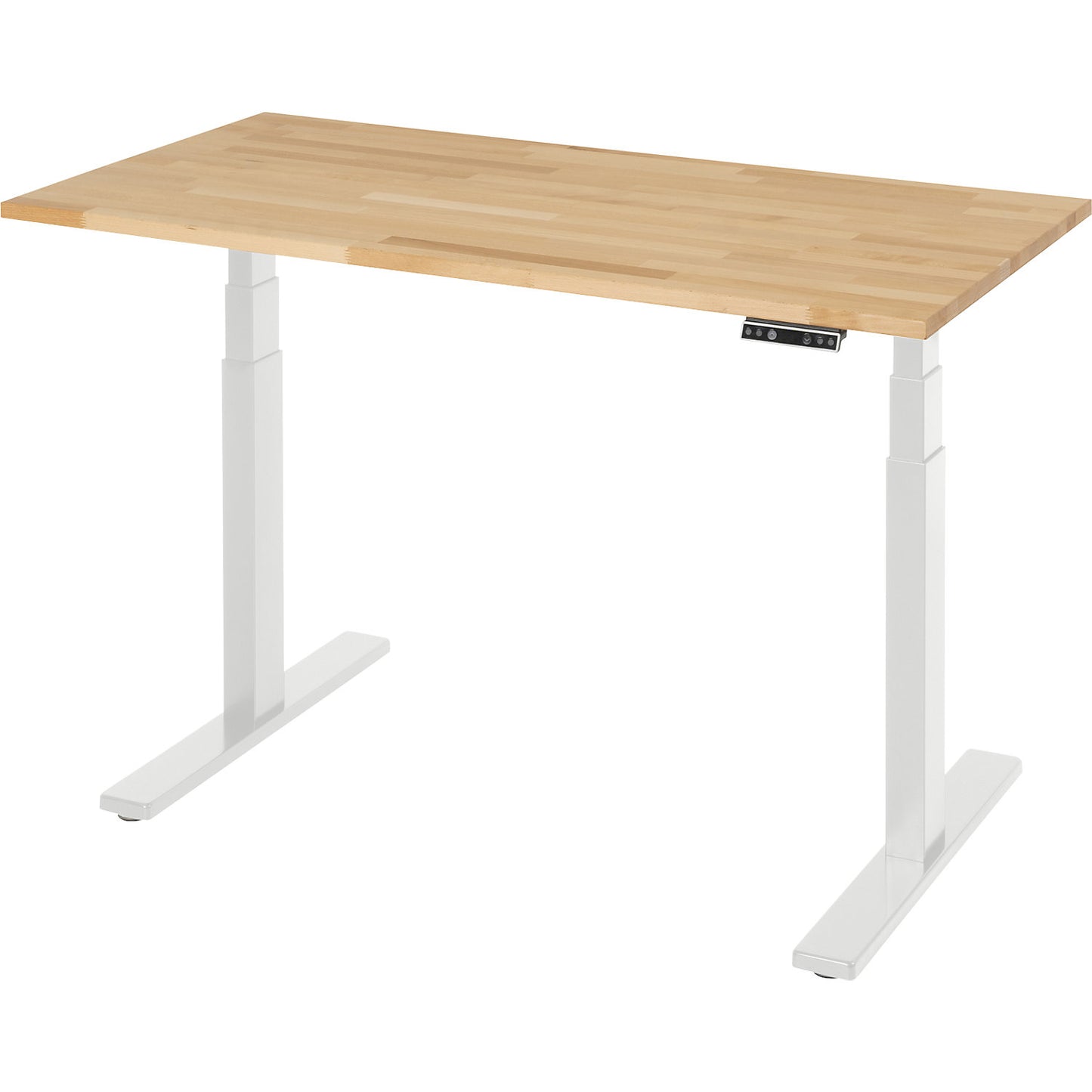 Work desk, electrically height adjustable - load capacity 100 kg, 650 - 1300 mm, WxD 1250 x 700 mm, solid beech.