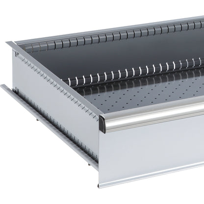 ESD heavy-duty cupboard, h 1950 mm, 2 shelves, 4 drawers, 1 pull-out shelf, WxD 1100 x 641 mm, light grey.