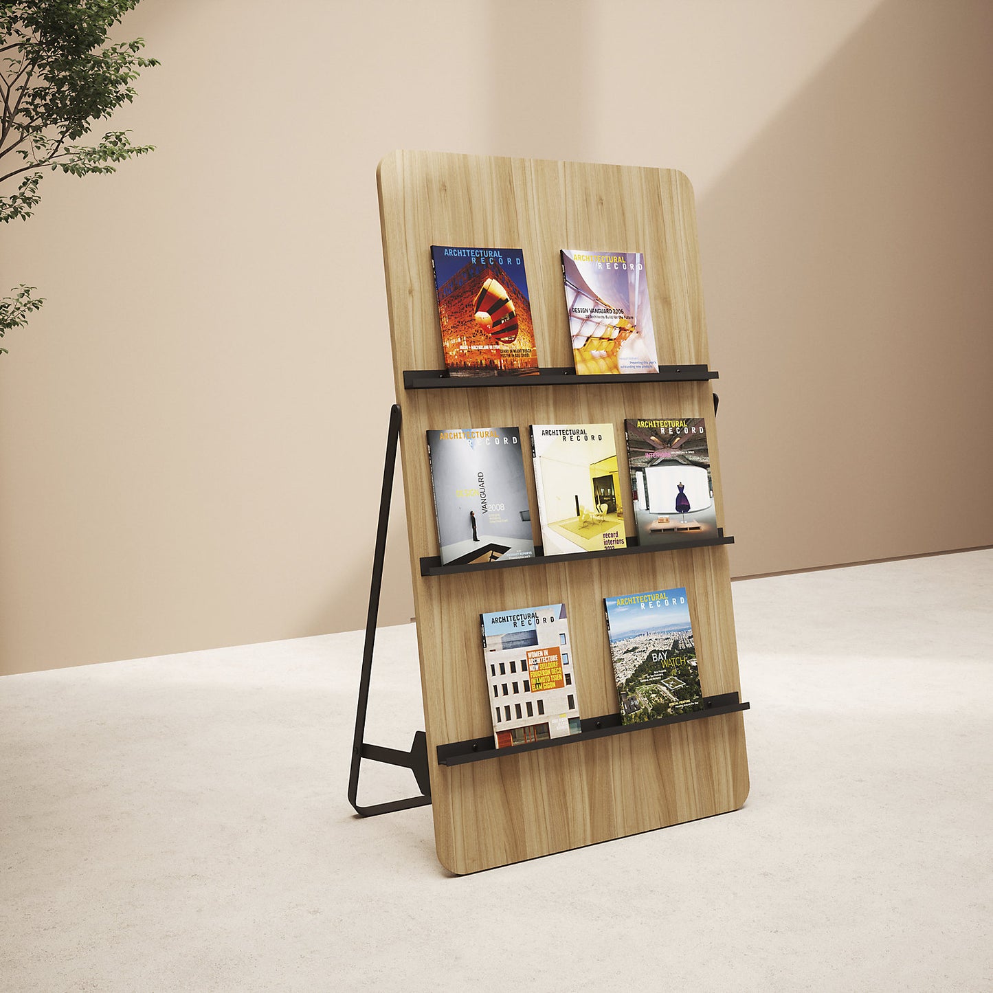 Brochure display stand model C, wood, HxWxD 1450 x 750 x 398 mm, 3 compartments.