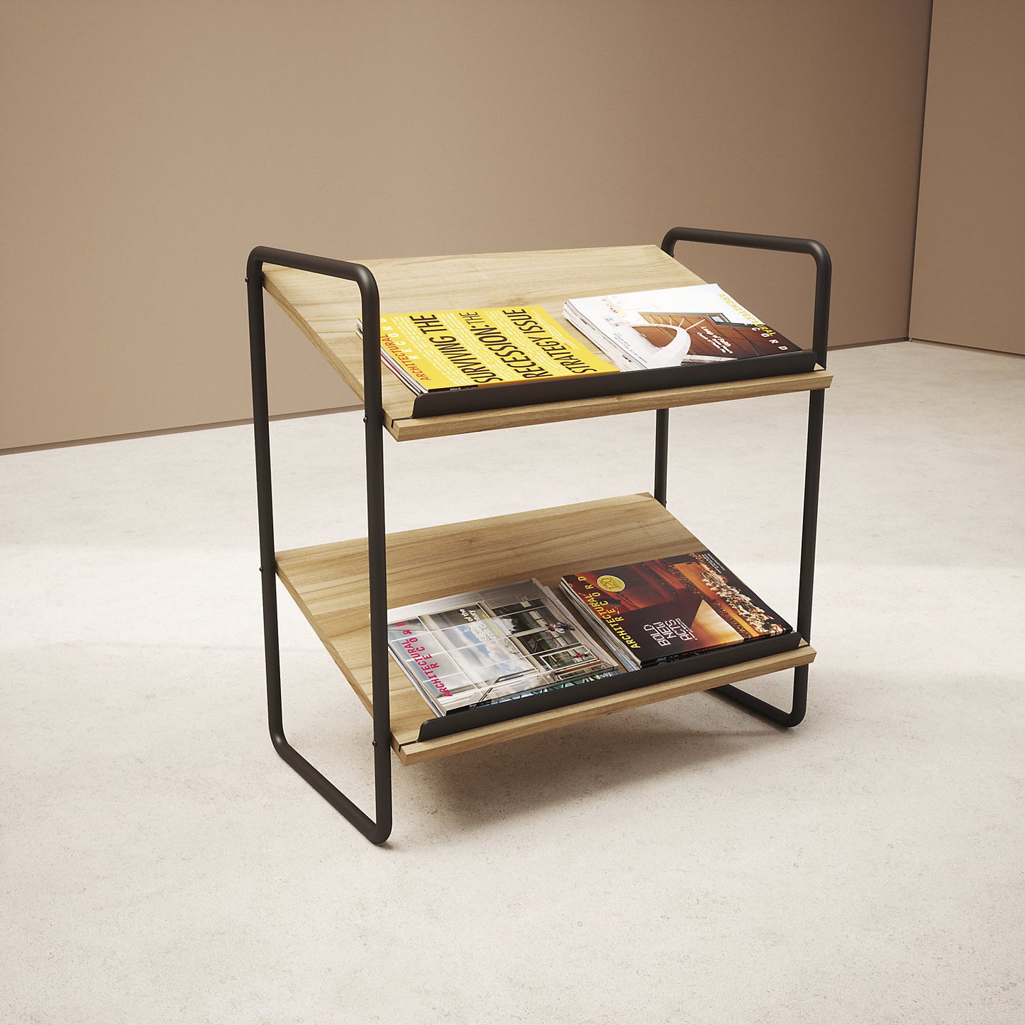 Brochure display stand model F, wood, HxWxD 720 x 720 x 370 mm, 2 compartments.