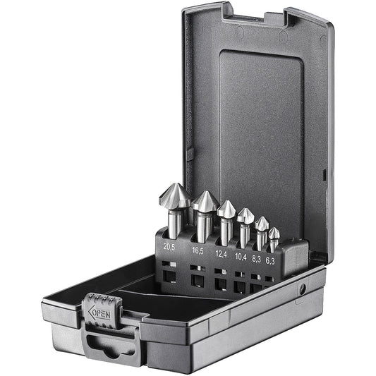 Conical countersink set, DIN 335 HSS-G with U-flute, 6 parts.