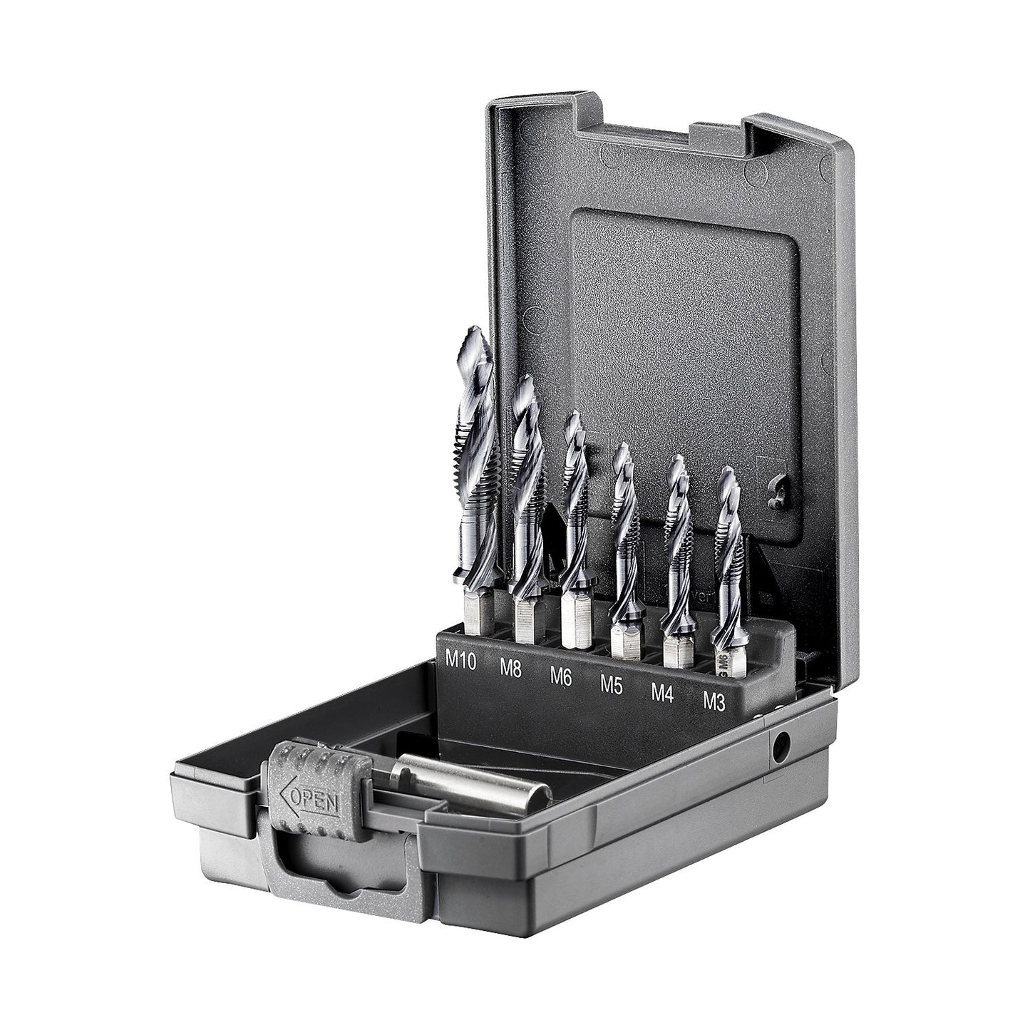 Combination tap set, HSS-g TiALN with step tip and E6 bit, 7 parts.