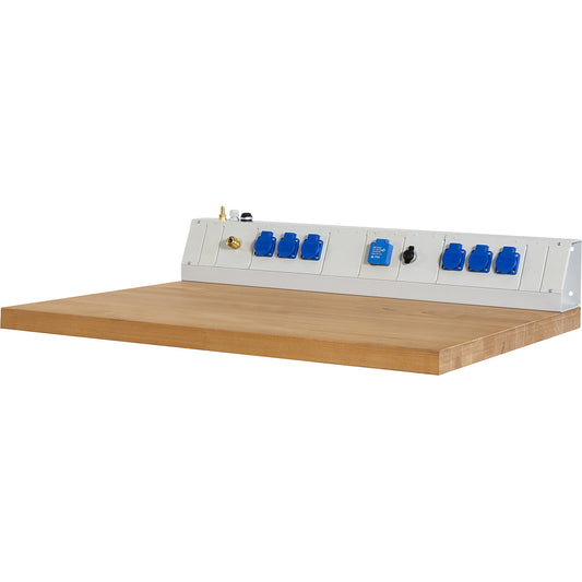 Power module for industrial workstations, 6 sockets 230 V, 1 x compressed air, 2 x USB, 1 x RJ45, width 1000 mm.