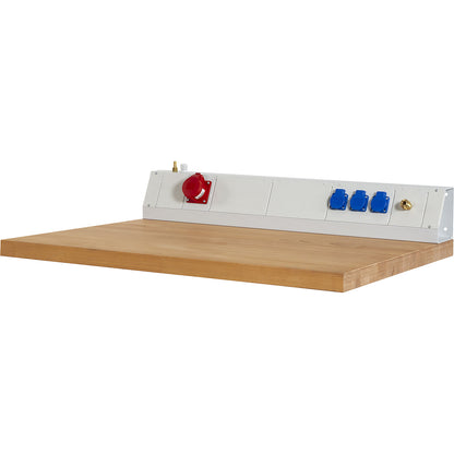 Power module for industrial workstations, 3 sockets 230 V, 1 CEE socket 400V, 1 x compressed air, width 1000 mm.