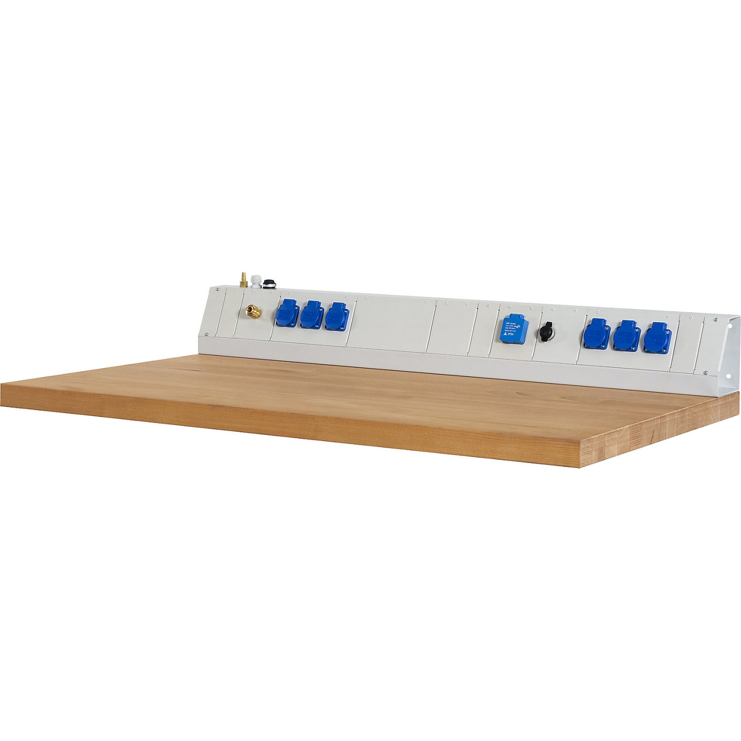 Power module for industrial workstations, 6 sockets 230 V, 1 x compressed air, 2 x USB, 1 x RJ45, width 1250 mm.