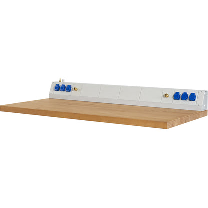 Power module for industrial workstations, 6 sockets 230 V, 2 x compressed air, width 1500 mm.