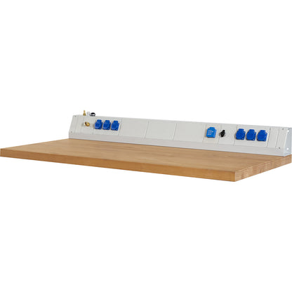 Power module for industrial workstations, 6 sockets 230 V, 1 x compressed air, 2 x USB, 1 x RJ45, width 1500 mm.