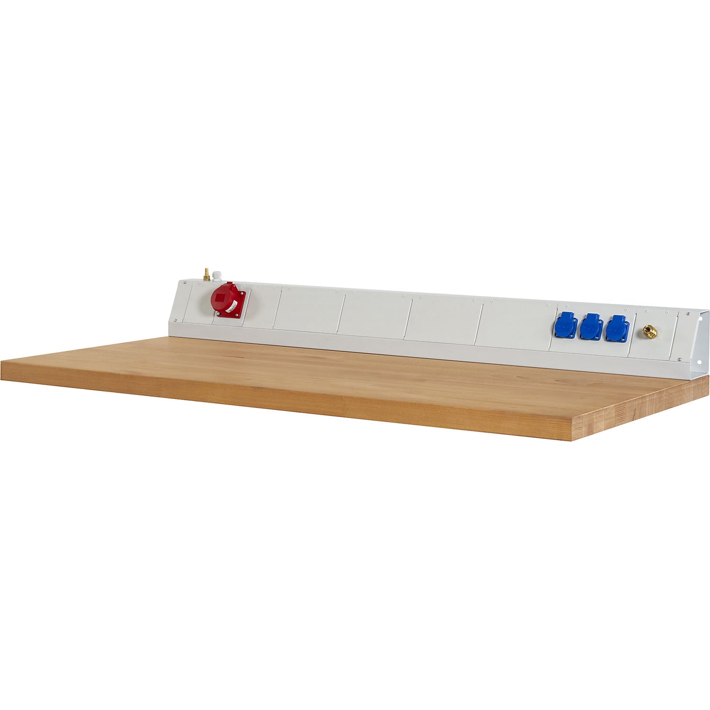 Power module for industrial workstations, 3 sockets 230 V, 1 CEE socket 400V, 1 x compressed air, width 1500 mm.