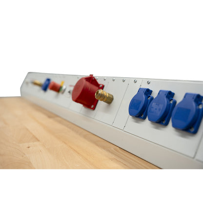 Power module for industrial workstations, 6 sockets 230 V, 2 x compressed air, width 1000 mm.