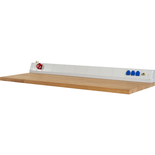 Power module for industrial workstations, 3 sockets 230 V, 1 CEE socket 400V, 1 x compressed air, width 2000 mm.