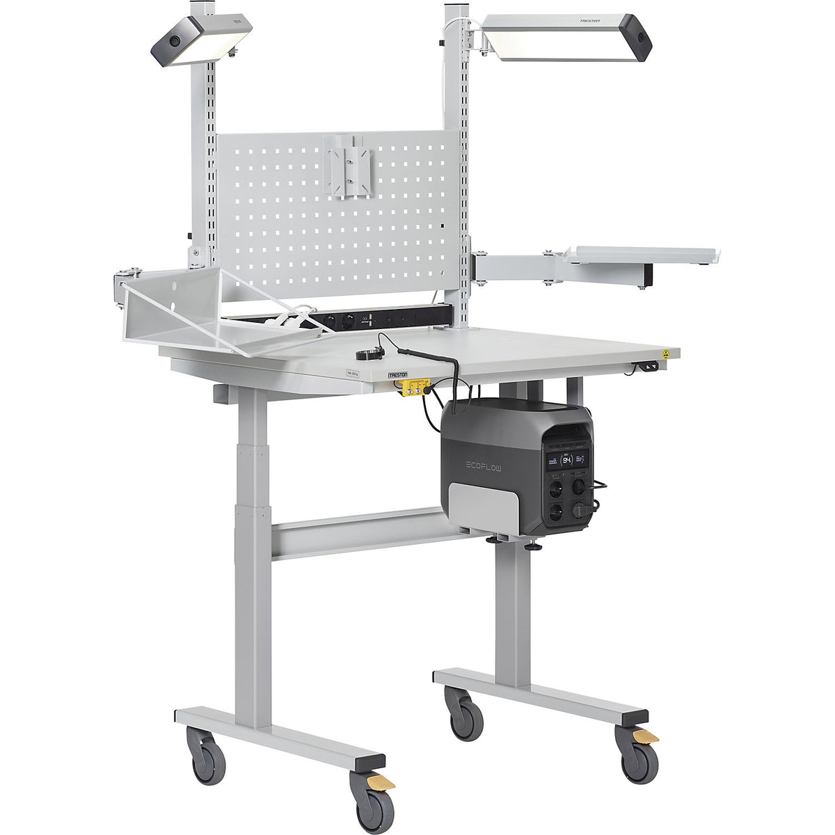 Laptop/printer shelf, swivelling, with double arm, ESD, light grey.