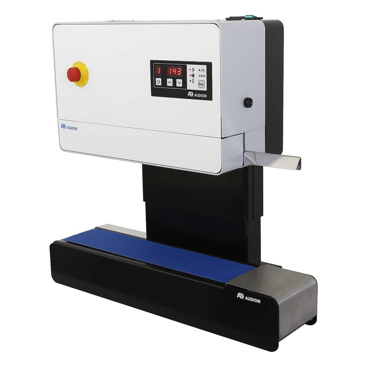 Continuous film sealer D545 Vertikal, with conveyor belt, white/blue.