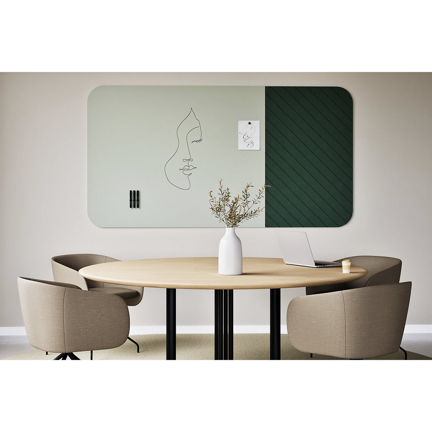 Whiteboard Curve Combi, HxD 1980 x 10 mm, frameless, width 3920 mm, green.