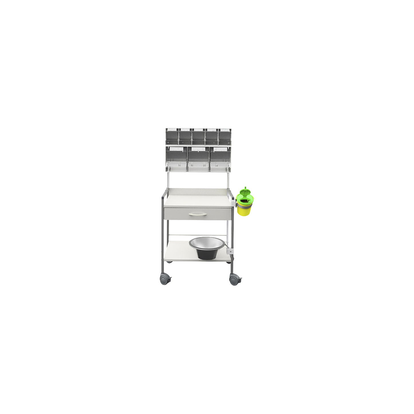 Variocar station trolley, with add-on shelf unit and tilting boxes, LxWxH 485 x 837 x 1308 mm.