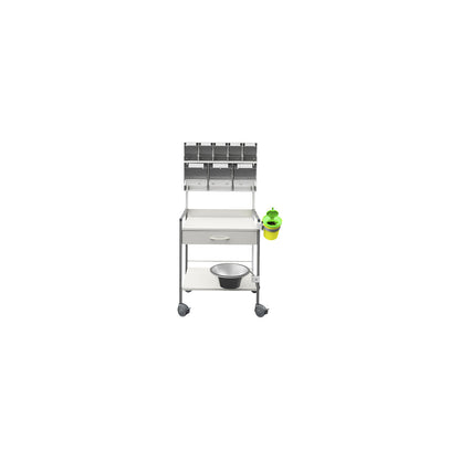 Variocar station trolley, with add-on shelf unit and tilting boxes, LxWxH 485 x 837 x 1308 mm.