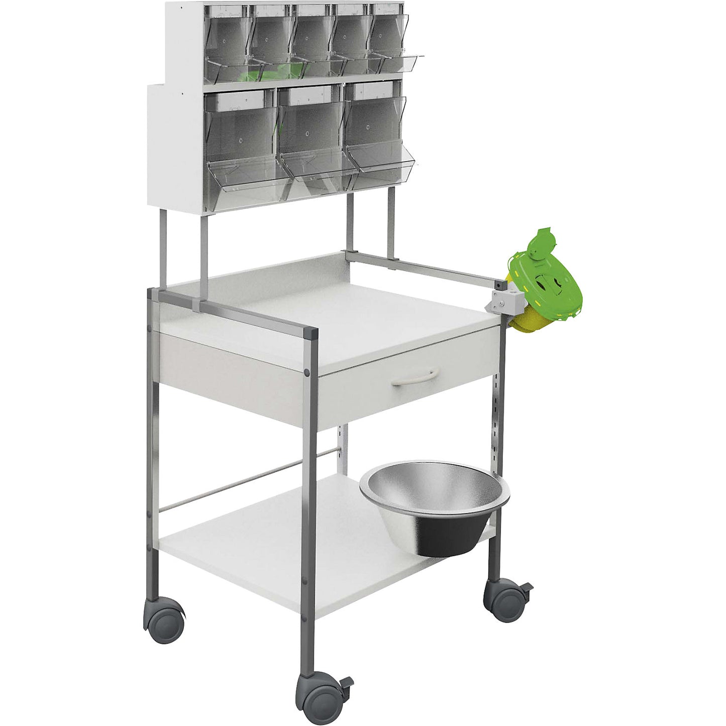 Variocar station trolley, with add-on shelf unit and tilting boxes, LxWxH 485 x 837 x 1308 mm.