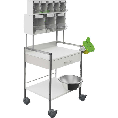 Variocar station trolley, with add-on shelf unit and tilting boxes, LxWxH 485 x 837 x 1308 mm.