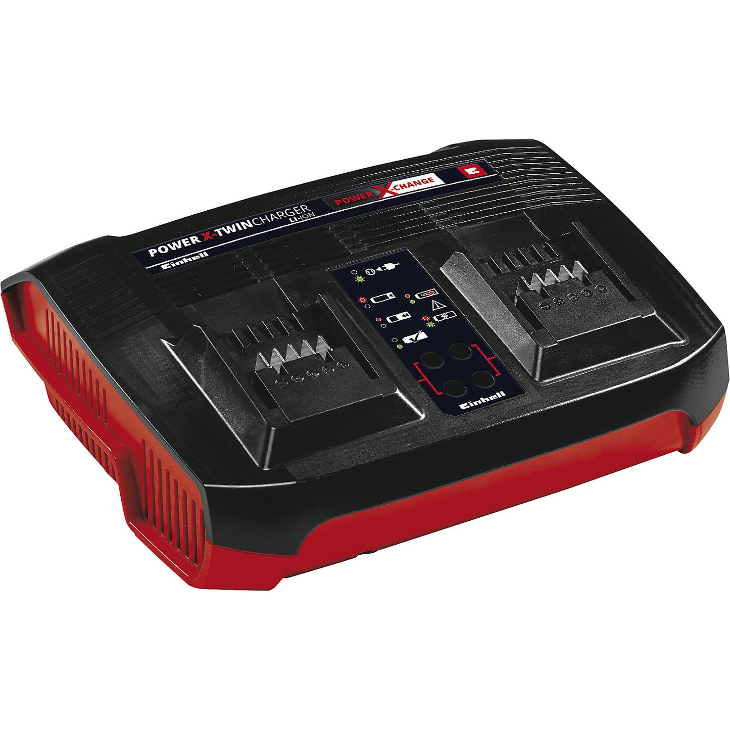 Double charger for replaceable batteries, plastic, black, red.