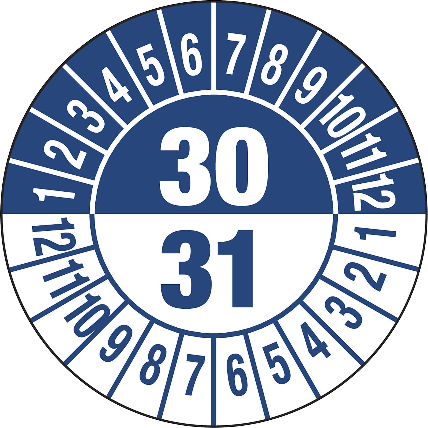Test placard, multiple years, document film, Ø 30 mm, pack of 10, 30/31, blue.