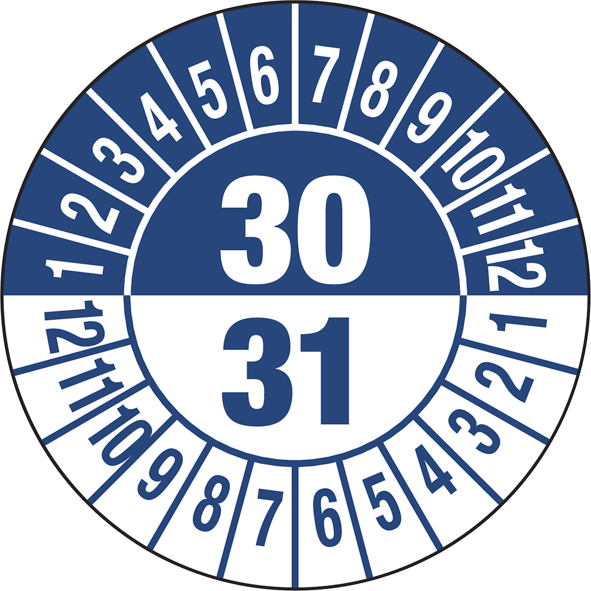 Test placard, multiple years, document film, Ø 30 mm, pack of 10, 30/31, blue.