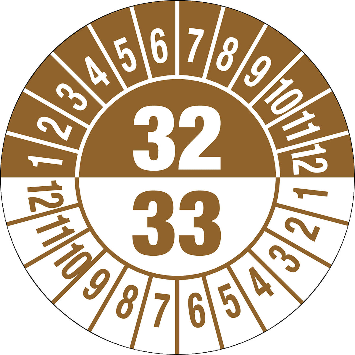 Test placard, multiple years, document film, Ø 30 mm, pack of 10, 32/33, brown.